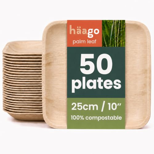 HAAGO 50 Disposable Palm Leaf Plates 25cm (10) Square – Sturdy Wooden Plates for Hot & Cold Food - Microwave Safe Biodegradable Compostable - Rustic Bamboo-Look for Party, Picnic, BBQ & Wedding