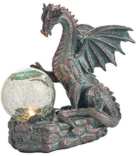 TERESA'S COLLECTIONS Dragon Outdoor Statues with Solar Crackle Globe Light, Resin Bronze Gothic Garden Decor,Touching Magic Ball Resin Lawn Ornaments for Patio Yard Decorations Gifts for Mom Dad, 6