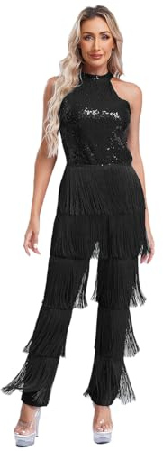 Jugaoge Damen Latein Body Neckholder Jumpsuit Overall Pailletten Top und Lange Hose mit Fransen Einteiler Tanzbekleidung für Cha Cha Samba Salsa