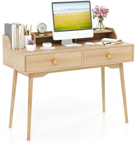 COSTWAY Computer Desk, 120 CM Wooden Study Table Writing Workstation with Hutch, Storage Shelves and Drawers, PC Laptop Table Working Desk for Home Office Bedroom (Natural)
