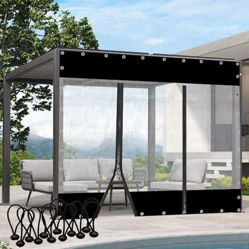 Tende trasparenti resistenti impermeabili per esterni, con porta con cerniera, in PVC resistente, per pergola, veranda, gazebo, nero, 6 x 4 m