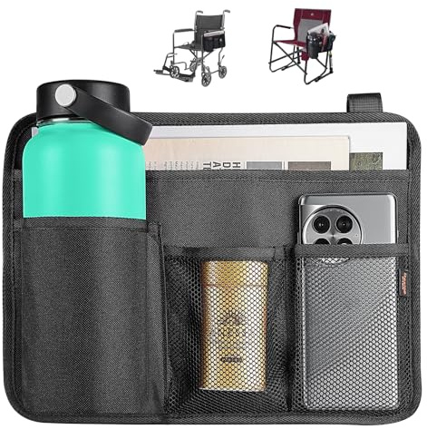 Desing Wish Sac pour Fauteuil Roulant Sac de Rangement Accessoires Fauteuils Sac Accoudoir Suspendre Support Stockage Sac avec Porte Gobelet Compartiments pour Fauteuil Electrique Scooter Mobilité