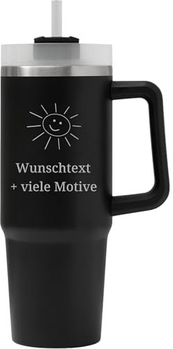 XXL Trinkbecher Black, 900 ml - personalisierter Henkelbecher mit Name, Spruch, Motiv Gravur - Farbe Schwarz, Edelstahl To-Go Becher mit Deckel, als Kaffeebecher, Bürobecher, Geschenk