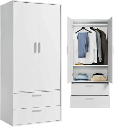 mokebo Kleiderschrank 'Der Kleiderheld' (80x180x51 cm) Made in Germany, Garderobenschrank, Flurschrank, Schrank für Schlafzimmer & Ankleidezimmer mit 2 Schubladen & 2 Einlegeböden aus Holz in Weiß
