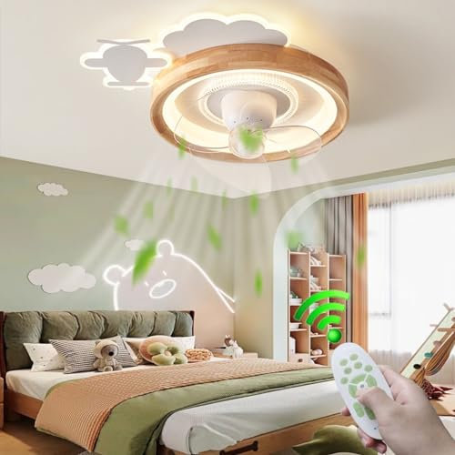 Lampada da soffitto a LED in legno con ventilatore e telecomando per la cameretta dei bambini, dimmerabile, con nuvole di cartone animato, lampada da soffitto con ventilatore rotondo, soggiorno moder