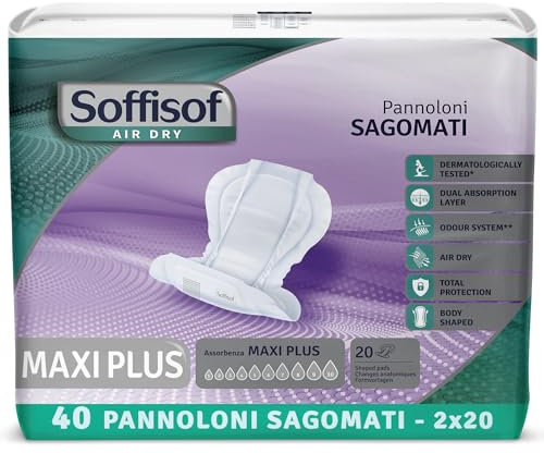 Soffisof Air Dry Pannoloni Sagomati Maxi Plus - 40x Pannoloni per Anziani - 2 Confezioni da 20 Pezzi, Assorbenza fino a 10 Gocce - Ausili Incontinenza Uomo e Donna