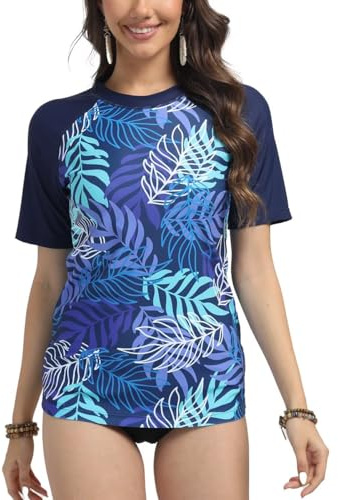 SURFEASY Women's UV Rash Vest UPF 50+ Rash Guard Quick Dry Beach Swim Shirt Swimming Wetsuits Tops Swimsuits Short Sleeve(Palm Leaves/Navy,M)