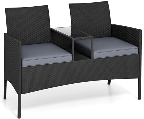 COSTWAY Gartenbank mit Tisch, 2-Sitzer Polyrattan Sitzbank, Sitzgruppe, Gartenmöbel, Terrassenmöbel, wetterfeste Balkonmöbel für Terrasse, Garten, Balkon (Grau)