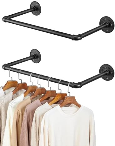 Kleiderständer für die Wand Industrielle Kleiderstange zur Wandmontage Robuste Garderobenstange aus Metallrohr Platzsparend Wandhänger für Flure Wohnzimmer Schlafzimmer (Schwarz, 50cm*2)