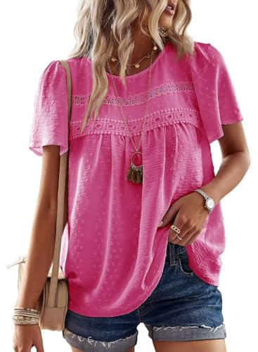 TUUHAW T-Shirt da Donna Pizzo Manica Corta Magliette con Scollo Estive Top | Casual Camicia, Boho Maglie, Pizzo Maglie, Estiva Maglietta, Elegante Blusa, Traspirante Classica, Vintage Affari Tunica