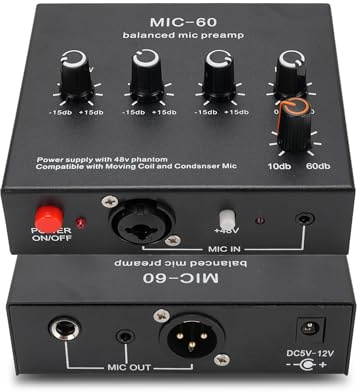 LICAEVEY Micrófono Preamplificador de Ganancia de Micrófono con 2 Entrada Máxima 60dB Ganancia 48V Potencia para Micrófono Dinámico y Condensador (Con cable XLR)