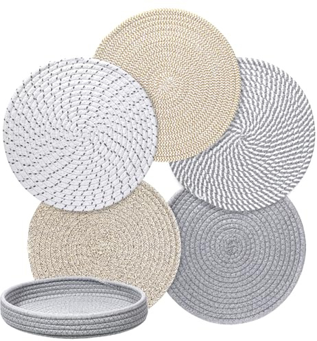 Trivets for Hot Dishes Hot Pots Pans Trivet Mats Set Thick Heat Resistant Hots Pads 5 Cotton Pot Holders for Kitchen Essentials Table Countertops New Home Accessories Farmhouse with Storage Basket