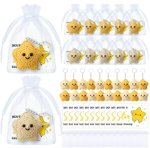 Sureio 24 Set Star Face Crochet Keychain Cheer Gifts for Team Star Themed Party Favors 100 Days of School Employee Appreciation Gift