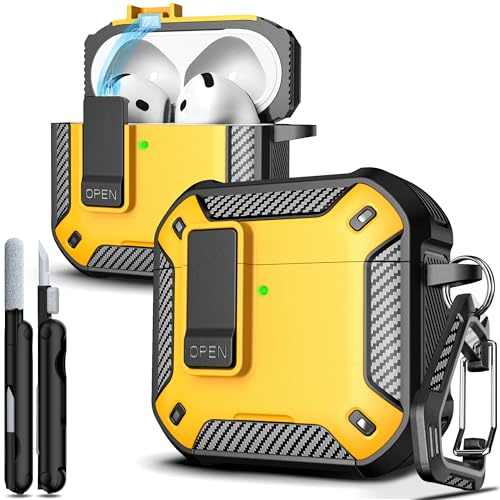 R-fun för AirPods 4 fodral med rengöringssats, kolfiberelement Militärt stötsäkert automatiskt uppklappbart fodral, telefonstativ och magnetisk bas med karbinhake kompatibelt med AirPods 4:e