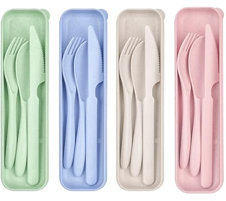 Zoyiancy Juego de cubiertos de viaje con estuche, plástico reutilizable, tenedor, cuchillo, cuchara, cubiertos para picnic, escuela, camping, oficina, almuerzo (4 juegos) (mediano)