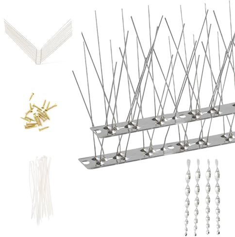 Pinchos Antipalomas Base Acero Inoxidable 10 Uni. 2,5 m. Kit Espanta Pájaros Incluye Pinchos Antipalomas, más 4 Espirales de Viento Espantapájaros, Clips de Montaje Transparentes y Tornillos Acero