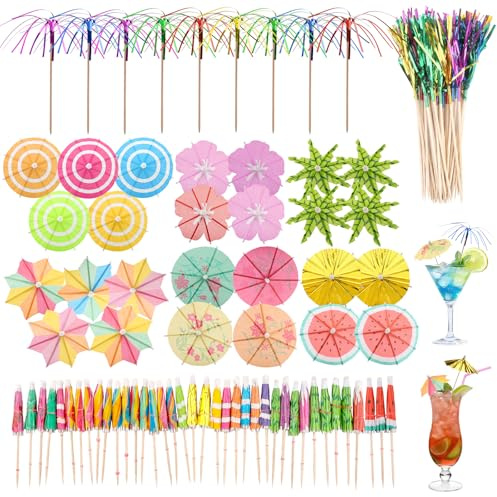 HOWAB Cocktail Deko Schirmchen Zubehör, 135 Stück Cocktailschirmchen | Papierschirmchen mit Zahnstocher Holz für Summer Party, Mini Sonnenschirm Dekoration Palmen Hawaii