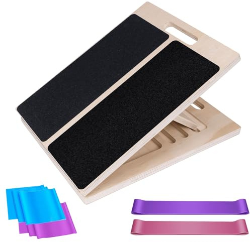 Adjustable Wooden Slant Board for Calf Stretching, 5 Angles Incline Stretch Board with Resistance & Stretch Bands, Non-Slip Calf Stretcher Balance Board for Home Gym or Office