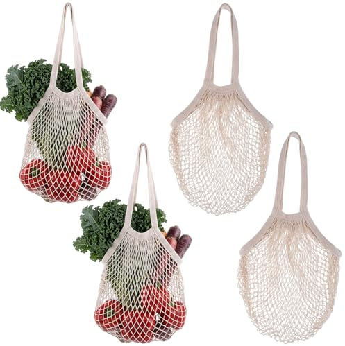 KFSCIP Shopping Bags, 4 Pack Cotton Linen Mesh Bags for Grocery Shopping and Produce Storage, Lightweight String Bag Set for Daily Use and Travel, Each Bag Weighs 20 Grams