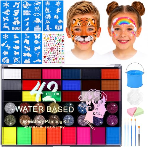 Gesichtsfarbe Kinderschminke Set,42 Farben Theaterschminke | Komplettset mit 5 Pinseln,Schablonen und Strasssteinenm,Pinselwascher,Farbpalette für Halloween Karneval Schminke