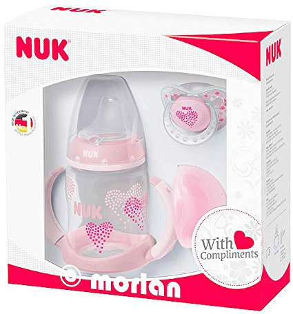 NUK Gift Set, First Choice Learner Feeding Bottle, Soother and Soother Box Limited Edition 6-18 Months Pink