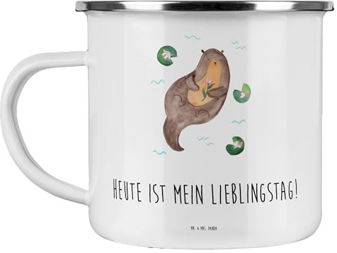 Mr. & Mrs. Panda Camping Emaille Tasse Otter Seerose - Geschenk, Seeotter, Otter Seeotter See Otter, Fischotter, Wasser, Emaille Campingbecher,