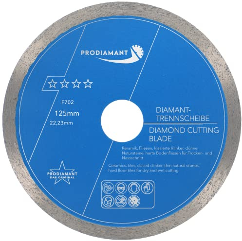 PRODIAMANT Disque à tronçonner diamanté Carrelage professionnel 125 mm x 22,23 mm F702 ProRim pas d'éclats pour les carreaux émaillés Grès cérame et pierre naturelle