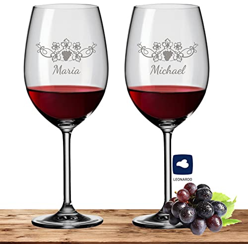 Deitert 2X Leonardo Bordeauxglas Rotweinglas XL mit Namen oder Wunschtext graviert, 640ml, Daily, personalisiertes Premium Bordeauxglas in Gastroqualität (Weinrebe)