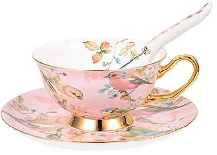 Cabilock 1 Set Keramik Blumen- Muster- Musterung- Musterung Vögel T Tassen Und Untertassen Set Porzellan Wasser Becher Britischen Kaffeetasse Löffel Untertasse T- Party Tassen Dekoration (