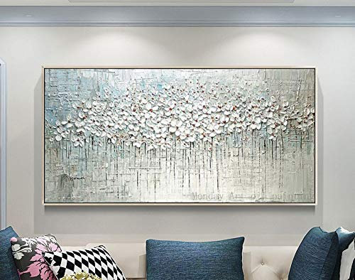 MWMG Acrylbilder Auf Leinwand Handgemalt,Zeitgenössische Blooming White Flower Floral Texture Große Ölgemälde Kunst Moderne Abstrakte Kunst Leinwand Wandkunst Gemälde Wohnzimmer Schlafzimmer Wohnkul