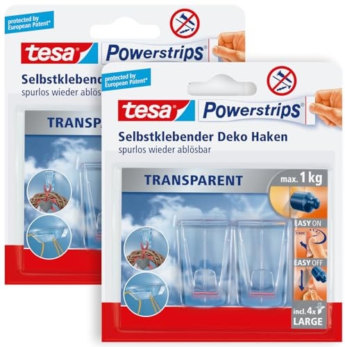 tesa Klebehaken für transparente Oberflächen und Glas (1 kg) im 2er Pack - Durchsichtige, selbstklebende Haken - Bis zu 1 kg Halteleistung pro
