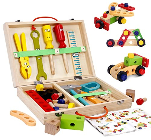 hifunti Cassetta Attrezzi Bambini Giochi Bambini 3 Anni Attrezzi da Lavoro in Legno Banco da Lavoro Giocattolo Costruzioni per Regalo Giochi 3 4 5 6 Anni