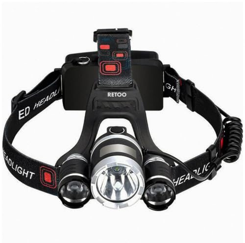 Retoo - Linterna frontal LED T6 superbrillante con 4 modos de luz y 90° ajustable, linterna frontal para trotar, correr, acampar, pescar, cazar, andar en bicicleta, escalar [Clase energética A++]
