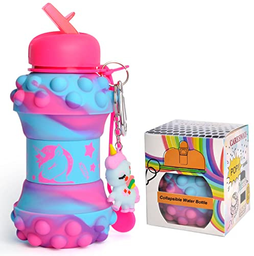 CARESWAY Kids Water Bottle with Keyring – 500ml Girls & Boys Drinks Bottle - Foldable Collapsible BPA Free Childrens Water Bottle - Kids Water Bottles for School - Unicorn Gift