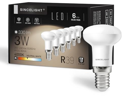 SINCELIGHT 3W Ampoules LED avec culot E14, Réflecteur R39 avec diffuseur laiteux, Effet de lumière douce, Blanc Neutre 4000K, Couleur Riche RA≈92, Paquet de 6