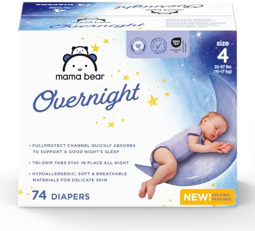 Amazon Brand - Mama Bear Overnight Baby Diapers with Leak Protection, Fragrance-Free, Size 4, 74 Count, Nighttime Protection, Leakproof with Leak Guards