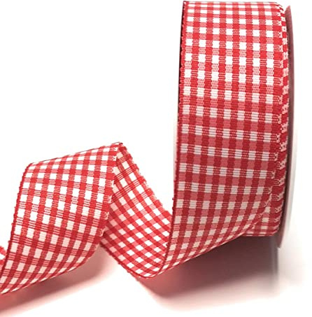 s.dekoda Schleifenband 25m x 40mm Rot - Weiß Karoband kariert Vichykaro Dekoband ohne Draht