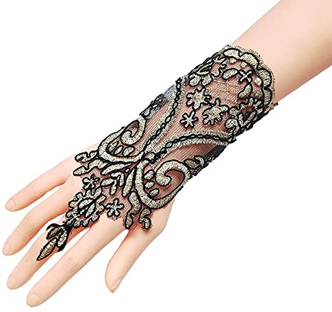 SYSUII Handschuhe Damen Kurze,Fingerlose Spitzen Handschuhe Kurze Braut Handschuhe bestickte 1920er Stil Spitzenhandschuhe Hochzeitshandschuhe für Kostüm, Banketts, für Opernpartys -Gold + Schwarz