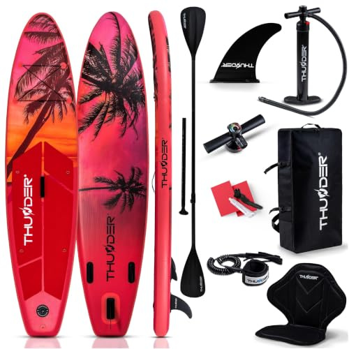 THUNDER Aufblasbares SUP Board mit Kajaksitz, Pumpe, Paddel und Rucksack | 320 x 75 x 15 cm, bis 150 kg belastbar, 15 PSI, EVA-Oberfläche, 3 Finnen