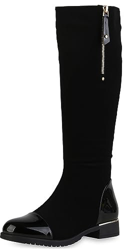 VAN HILL Damen Klassische Stiefel Blockabsatz Lack Trendy Schuhe 840545 213099 Schwarz Lack 39