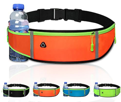 Riñonera Running Hombre y Mujer. Cinturón para Correr con Porta Botella. Riñoneras Deportiva Impermeable para Deporte, Viaje o Trekking. Cinturones Elásticos y Ajustables para Móvil y Agua. (Naranja)