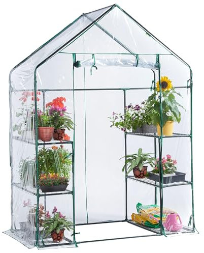 SG Traders Greenhouse with Six Shelves - Walk in Green House with Weatherproof PVC Cover - portable heavy duty frame outdoor green house for garden, Roll-Up Door Panel with Zipper, Easy to Assemble