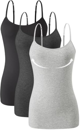 Knuffnee 3 Pack Womens Camisole with Built in Bra Adjustable Strap Tank Tops for Women Cotton Undershirt Cami