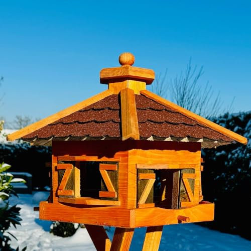 DARLUX handgefertigtes Sechseck Vogelhaus aus Holz wetterfest XL mit und ohne Ständer, Futterhaus, Futterhäuschen, Bitumschindel Dach (Rot - Braun, XL ohne Ständer)