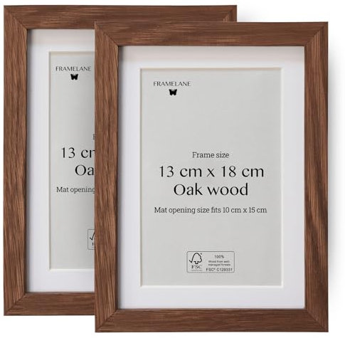 Framelane Set de 2 Marcos con Profundidad en Roble Oscuro FSC con Vidrio Acrílico Antirrayas y Antirroturas - Marco 13x18 con Passepartout - Montaje de Pared o Sobremesa Elegante