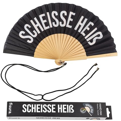 FISURA – Origineller Handfächer mit der Botschaft Sch*isse Heiß Moderner und witziger Holzfächer. Schwarz-weißer Fächer. Fächer mit Fächerhalter. Maße: 42,5 x 23 cm.