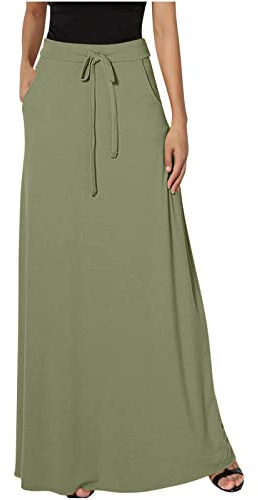 NSICBMNO Jupes longues pour femme - Jupe bohème avec poches - Taille élastique - Jupe longue plissée - Jupe trapèze décontractée - Jupe évasée pour les vacances, le travail, les sorties, 01#Vert
