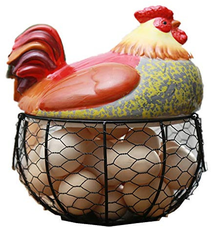 Booso Huevera de cerámica con alambre de pollo, cesta de huevos, cesta de fruta, colección Gallina, ornamentos, decoración de cocina, almacenamiento 19 cm x 22 cm (B)
