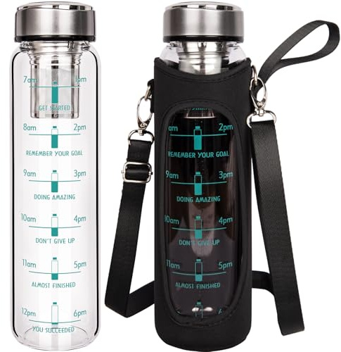 DEARRAY 1l / 1000ml Glass Water Bottle with Time Markings, 1 Liter Tea Drinking Bottle with Stainless Steel Infuser Loose Leaf Tea, Cold Brew Coffee