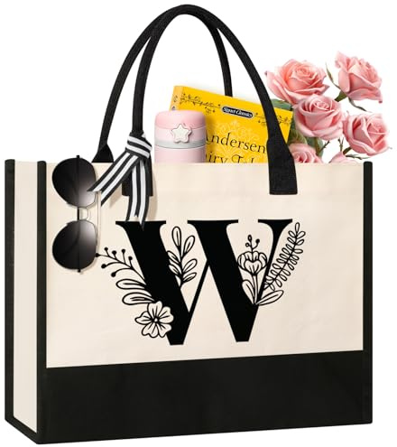 Tecanne Bolsa de lona personalizada con inicial, bolsas de cosméticos, adecuadas para cumpleaños, bodas, playa, vacaciones, gran regalo de cumpleaños para mujeres, mamá, profesores, enfermeras
